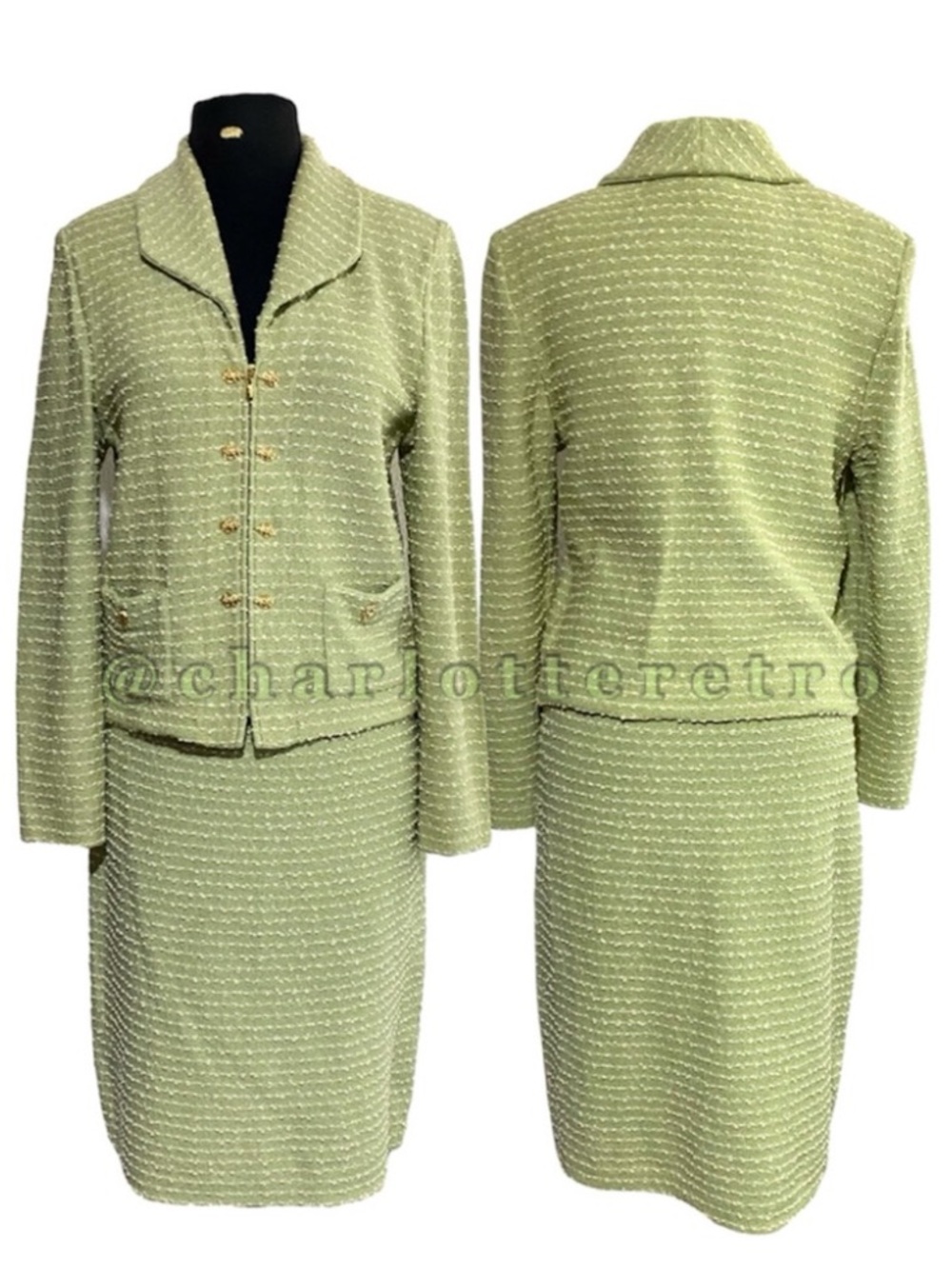 St. John • Santana Knit Green Boucle Skirt Suit • USA
